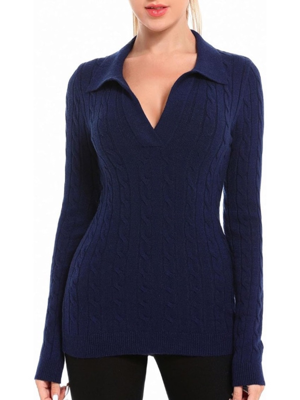 Cable-Knit Navy V-Neck Sweater with Collar